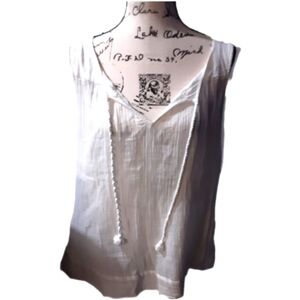 COTTON LINEN ALMOST SHEER BEACH TOP SLEEVELESS SUMMER V NECK SL L